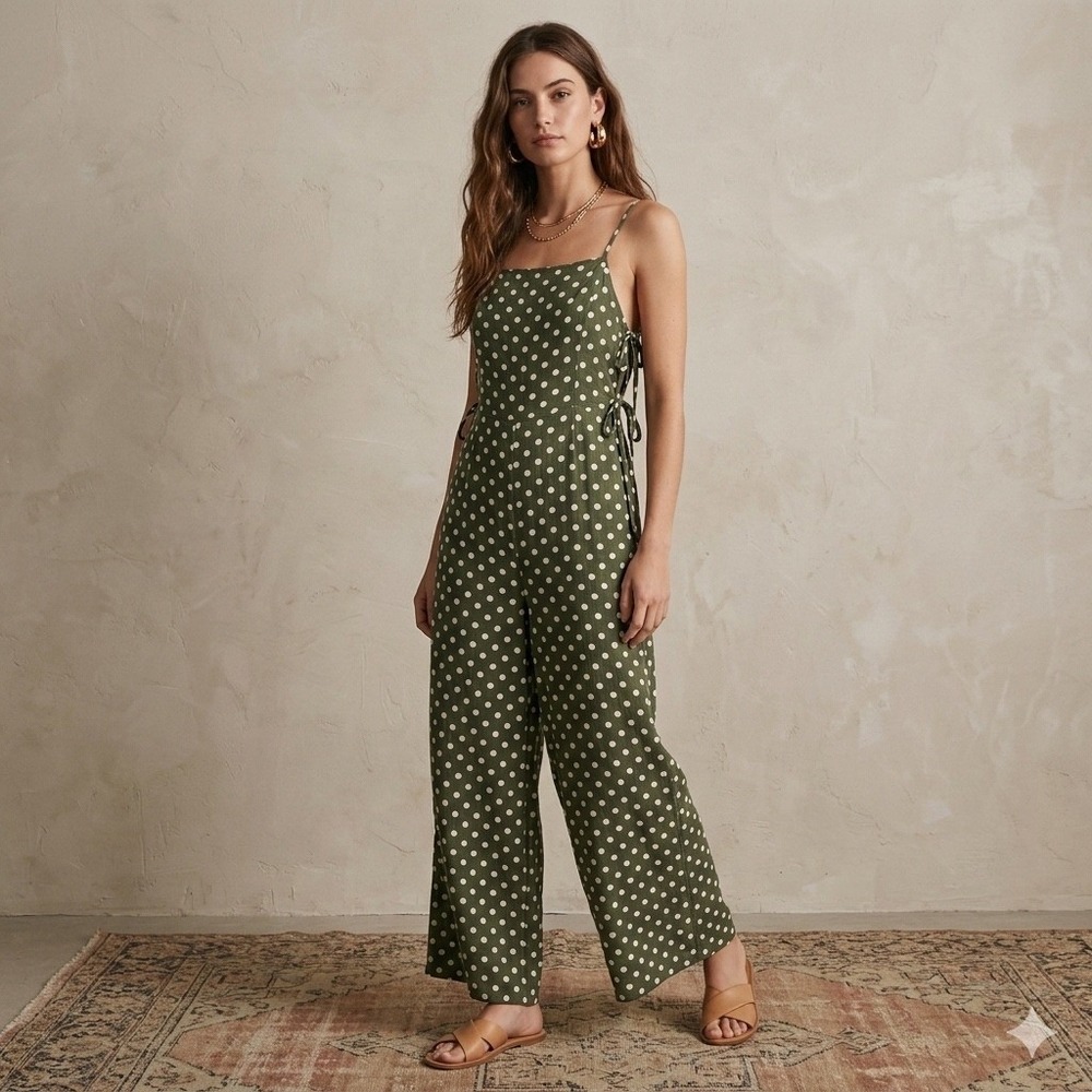 Molly Green Jumpsuit M Olive Green Polka Dot Linen Blend Cottagecore Boho Retro‎